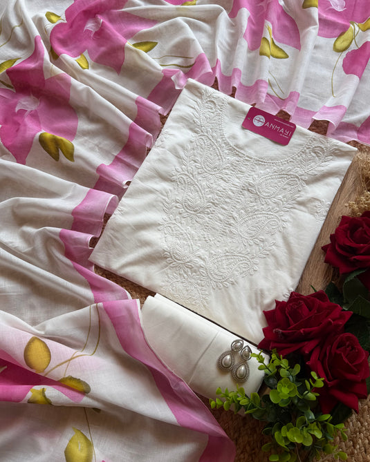 Cotton Chikankari neck with handpaint mul dupatta