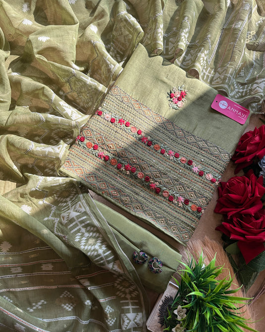 French knots rose work Maheshwari suit set with Jamdani Kantha work dupatta