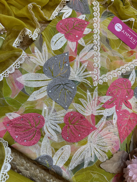 Floral embroidered neck cotton suit set with chiffon handpaint dupatta