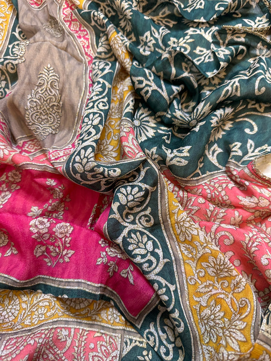 Arabic print pure crepe suit set with pure chinnon dupatta
