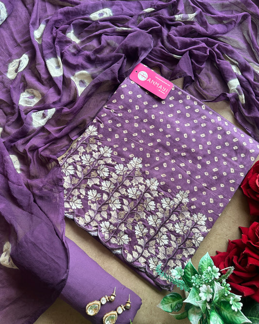 Batik print cambric cotton suit with aari work border and batik semi chiffon dupatta