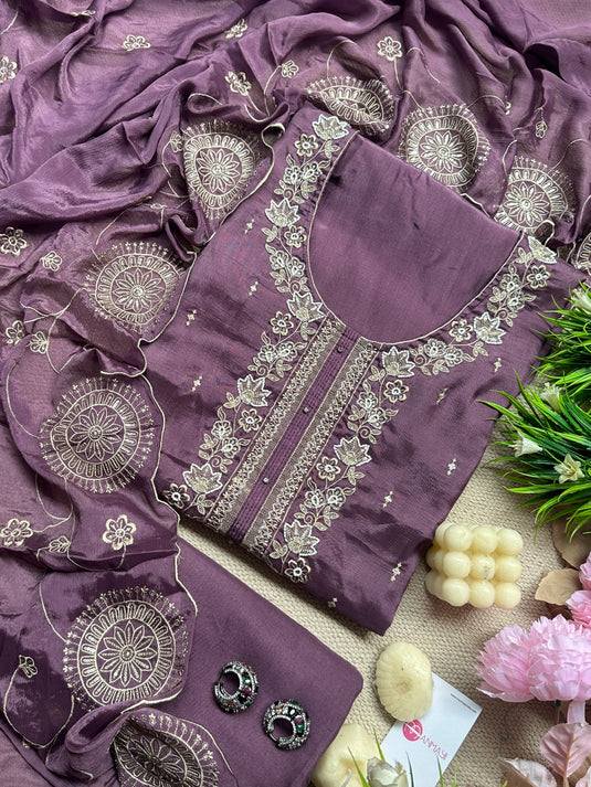 Chinnon silk intricate pearl embroidered suit