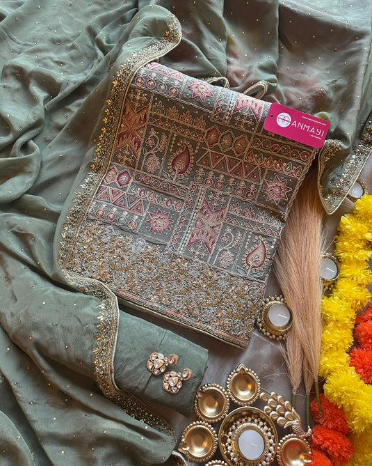 Assorted Chinnon suit set with hand work highlights