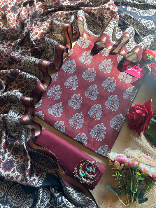 Dabbu print fine Maheshwari cotton silk suit set with cotton bottom