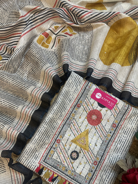 Pure linen geometric print beige black suit
