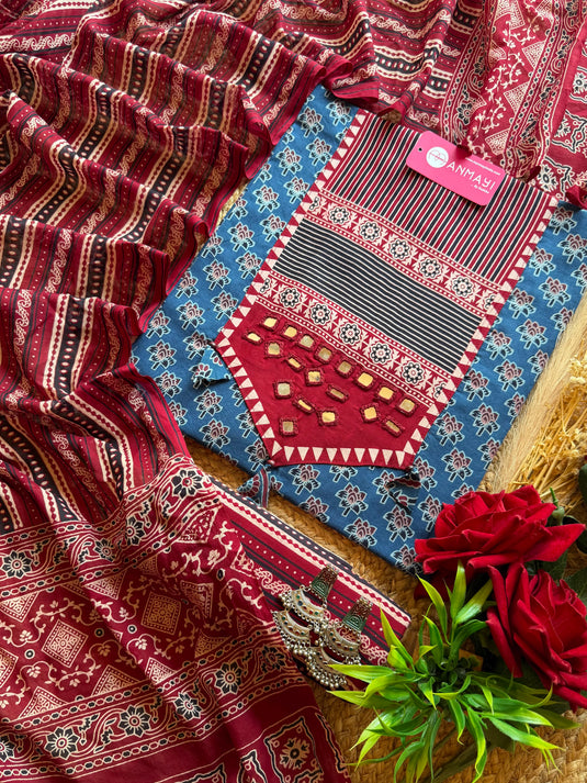 Banjara patched mirror neck suit set with Ajrakh print