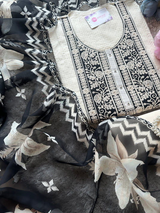 Kota Doria black white Dori embroidered neck with organza dupatta