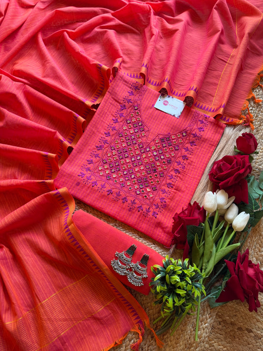 Soft Handloom cotton suit set with mirror neck