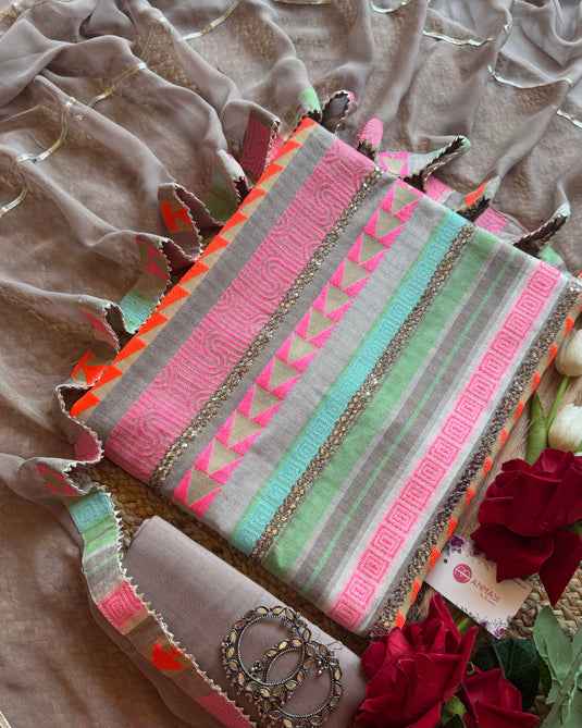 Neon weave pure cotton coffee suit set with pure chiffon gotta dupatta
