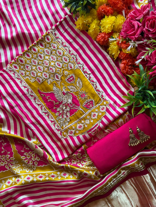 Stripes pink yellow bird motif pure Gajji silk suit set