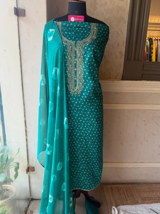 Bandhej print Dori kurta neck Cambric cotton suit set