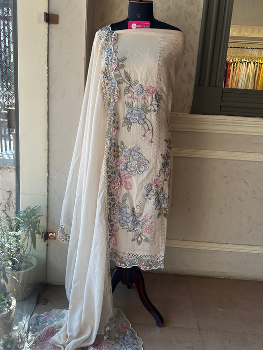 Pure Mul Pakistani embroidered ivory suit set
