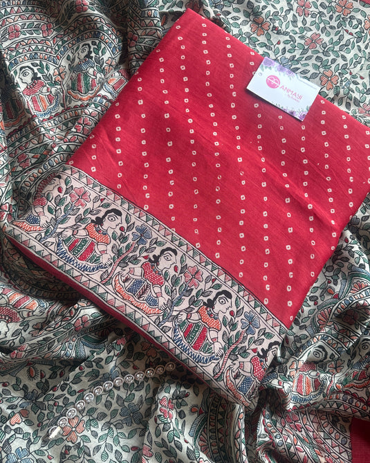 Madhubani bandhani fusion print pure Maheshwari silk suits