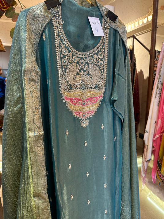 Article 13 teal green anarkali neck