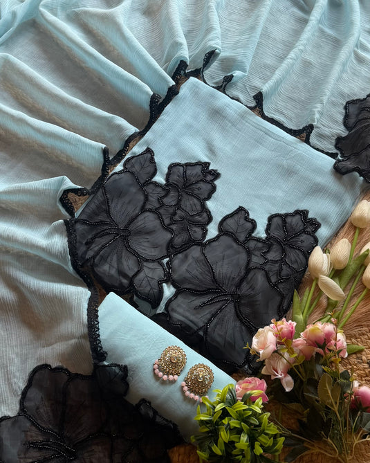 Black rose organza embroidered patch crushed Mul Chanderi suit set
