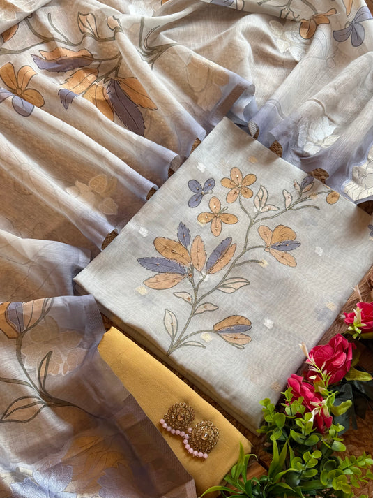 Silver grey Chanderi Jamdani work combination suit set