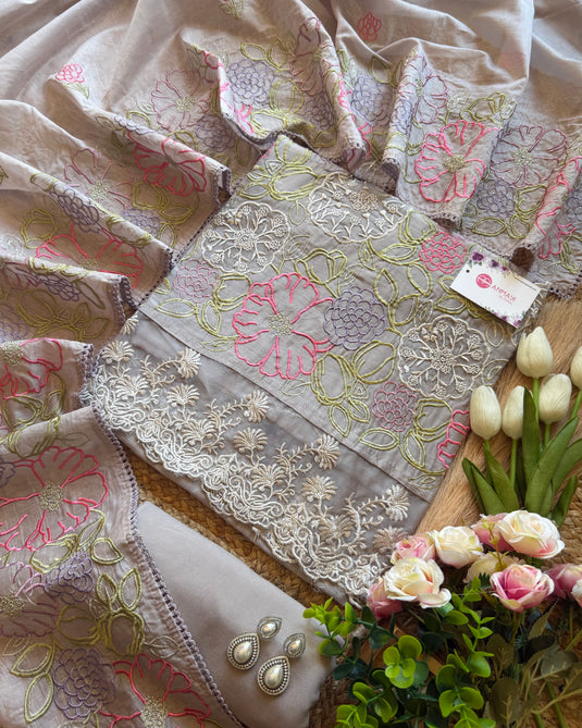 Floral organza applique work mul chanderi suit set