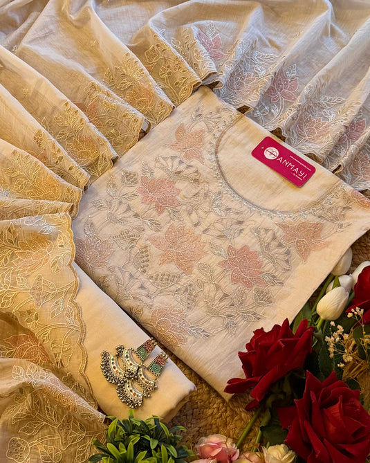 Mul Chanderi intricate bronze work suit set