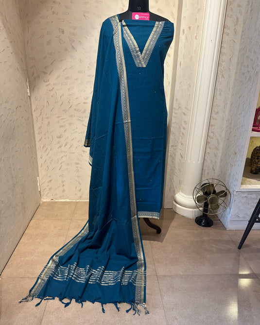 Soft Handloom Cotton v neck border suit set