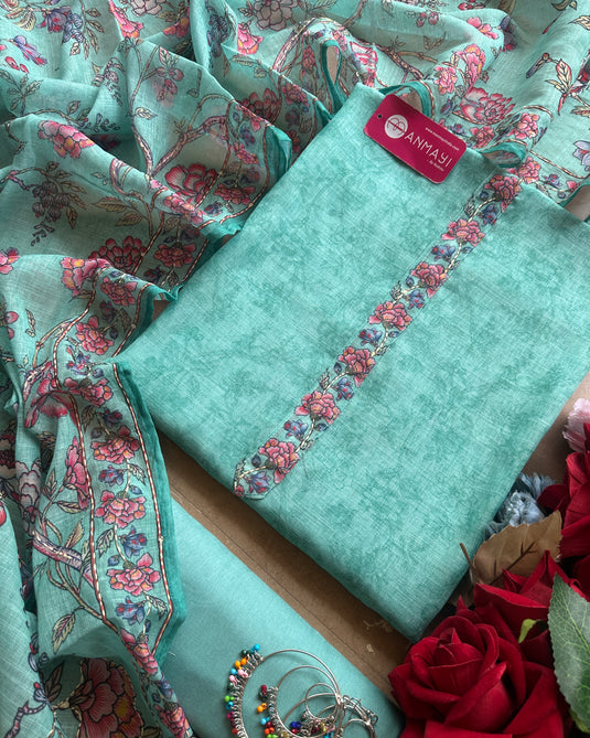Linen suit set with printed Kantha embroidered dupatta