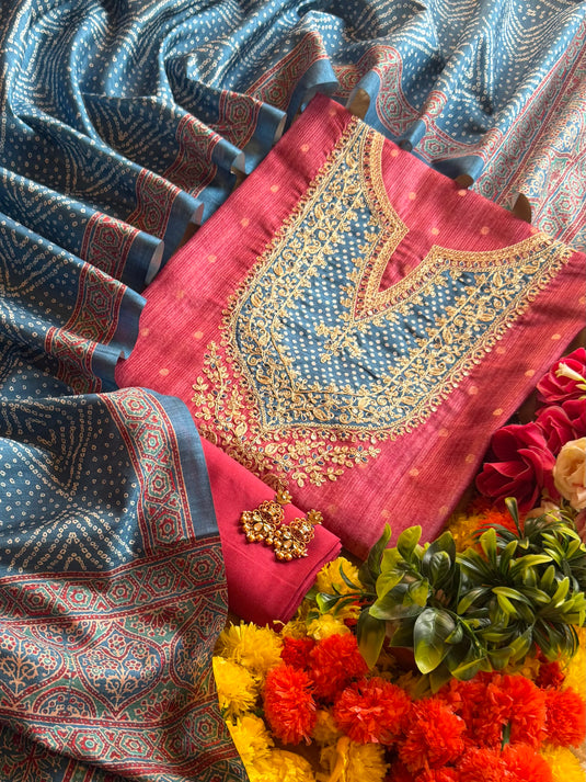 Patched bandhani Dori art Tussar silk suit set