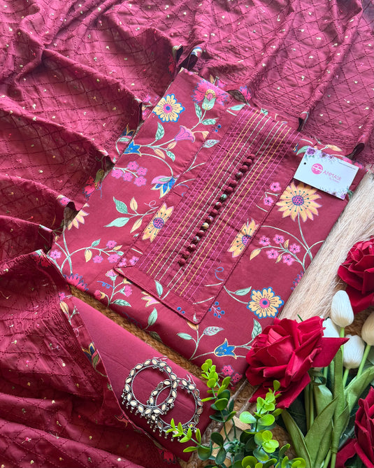 Boondi buttoned neck printed Cambric cotton suit set