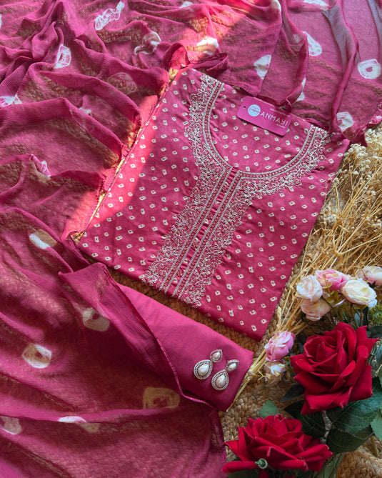 Dori neck batik print cotton suit set with chiffon dupatta