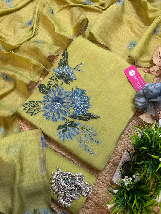 Pure Maheshwari lime French knot work suit set