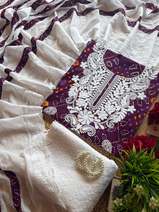 Bandhani print chikan neck pure cotton suit set