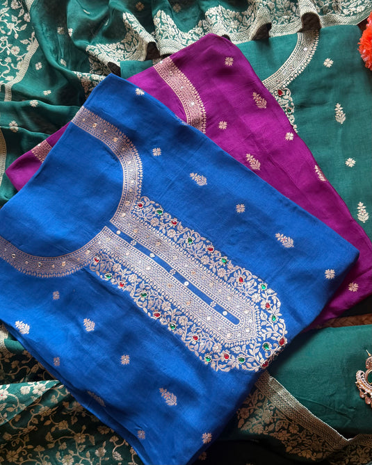 Pure Dolla silk zari work suit with coloured Kundan neck