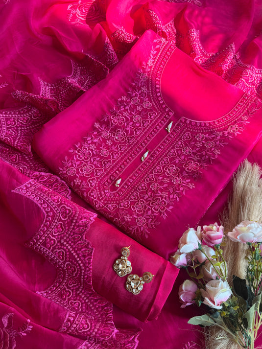 Cut aari work pure organza fuchsia pink suit set
