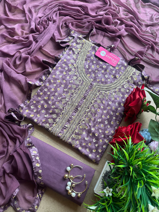 Bandhani cambric cotton suit set with chiffon dupatta