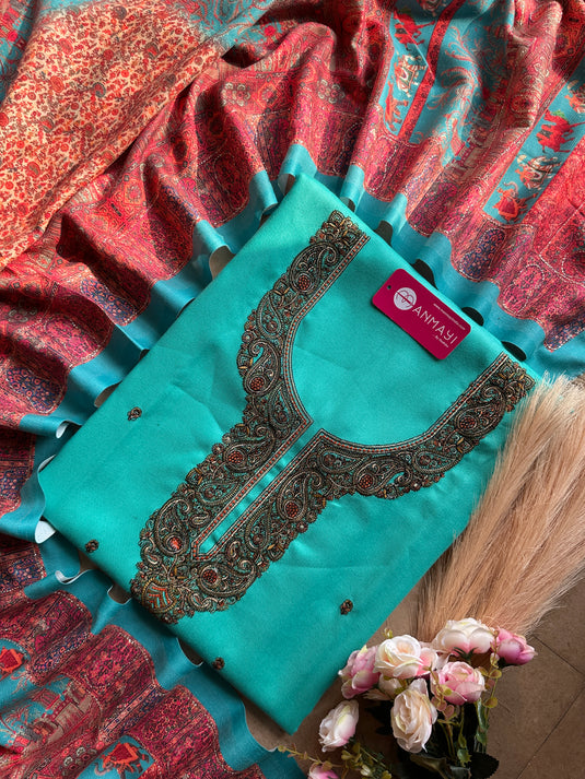 Aari work woollen suit set with highlighted