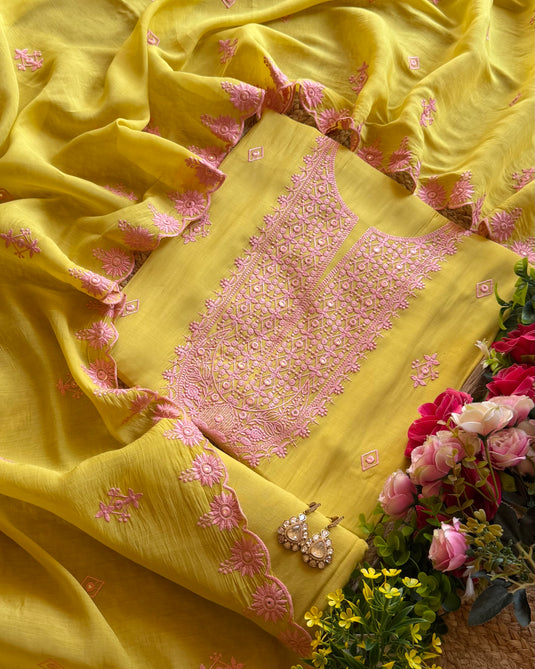 Phulkari work mul chanderi suit set