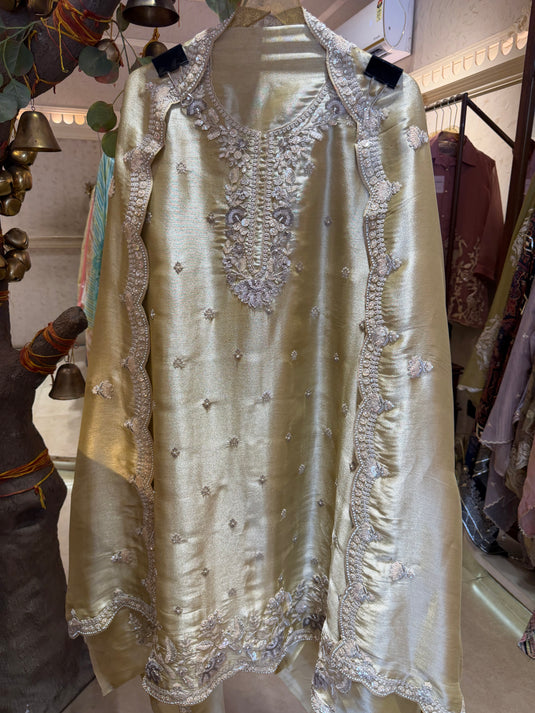 Gold hand embroidered Kanjivaram silk suit set