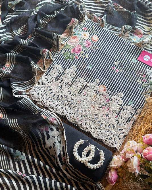 Digital floral stripes cotton suit set with muslin dupatta