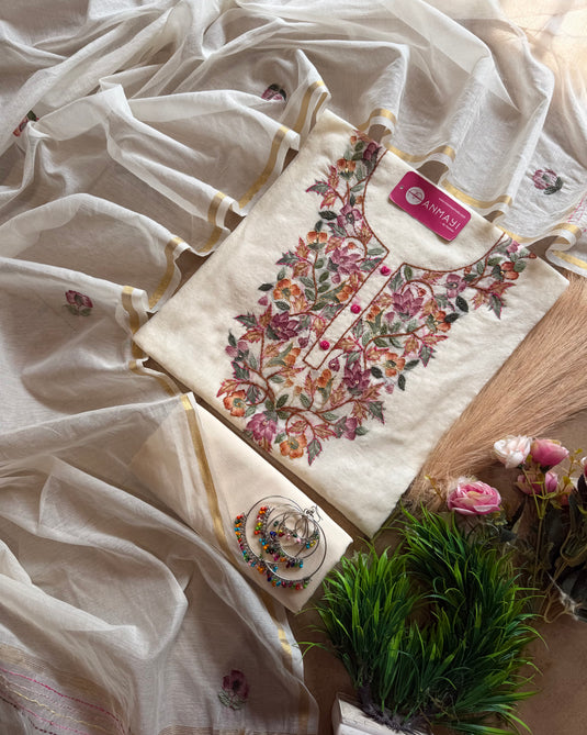 Chanderi cotton handbrushed kantha work suit set