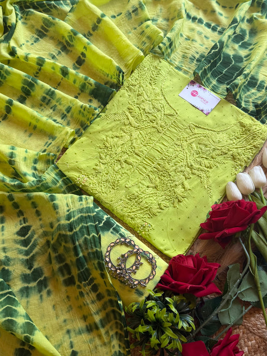 Pure cotton lucknawi neck tie dye combination suit set