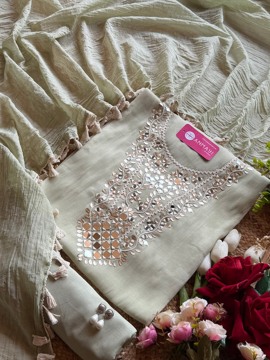 Gotta work Mul Chanderi suit set with mirror work and cotton tassels