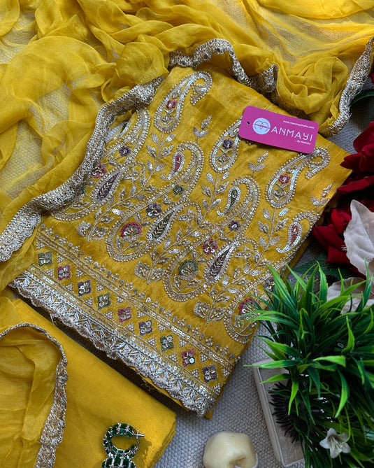 Embroidered ghera work shimmer suit