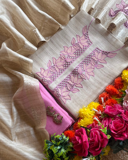 Shimmer linen cutwork beige suit set
