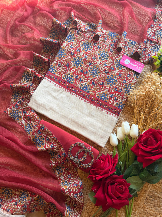 Ajrakh choli handloom cotton suit set with soft Kota dupatta