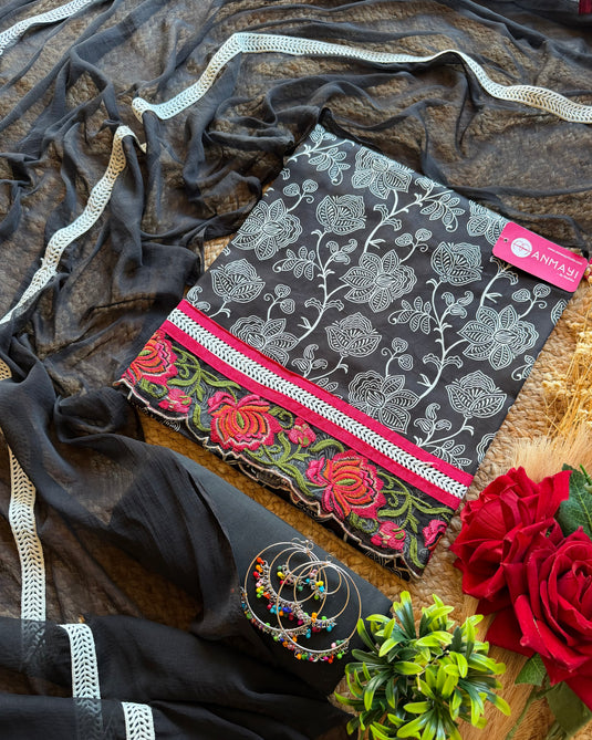 Embroidered border printed Cambric cotton suit with chiffon dupatta