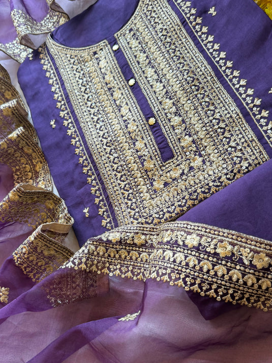 Art raw silk dori neck suit with organza dupatta