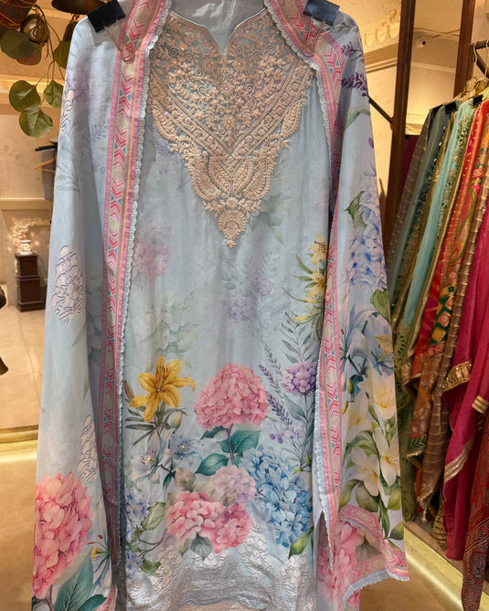 Digital European flowers pure organza suit set