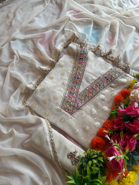 Soft shimmer georgette ivory jacquard work suit set