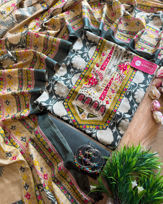 Soft jaam cotton printed kantha neck suit set