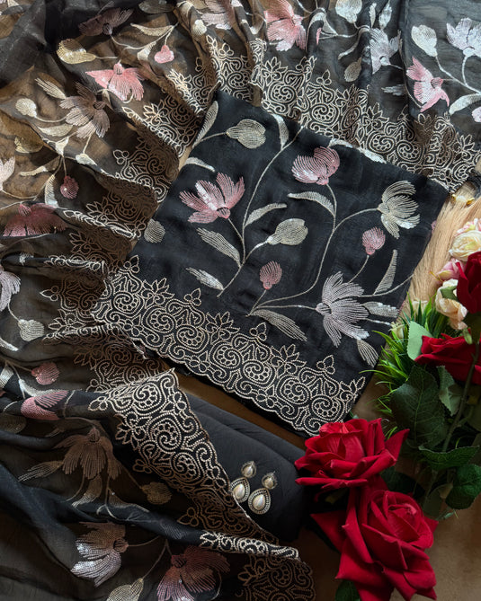 Soft sequins work organza shimmer suit set