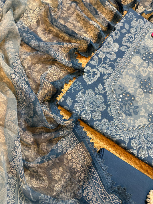 Indigo floral pure cotton suit with pure chiffon dupatta