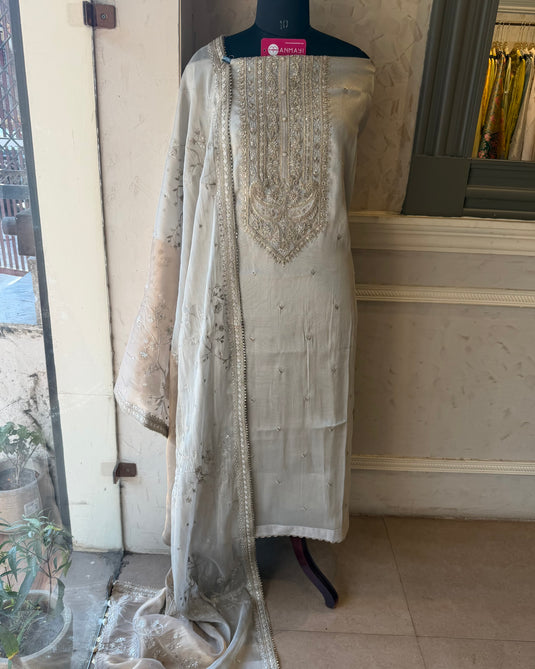 Rose gold ivory dual dupatta tissue organza suit set